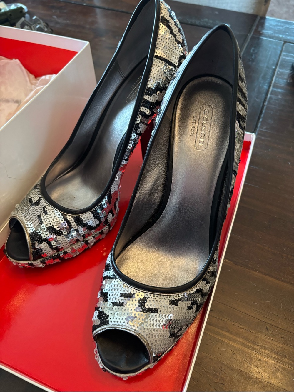 Coach Black and Silver Sequin Peep-Toe Heels